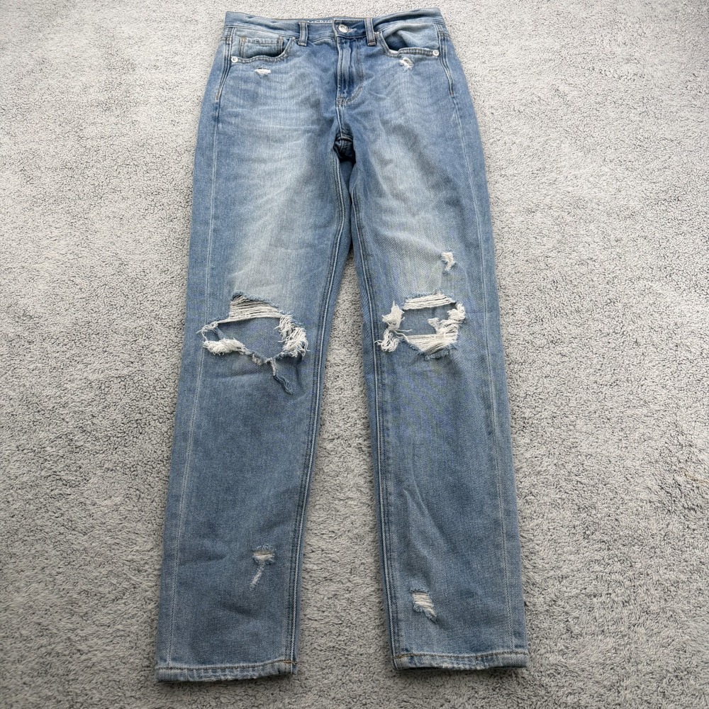 American Eagle Mom Jeans Womens 2/26 Blue Distressed Mid Rise Tapered Stretch